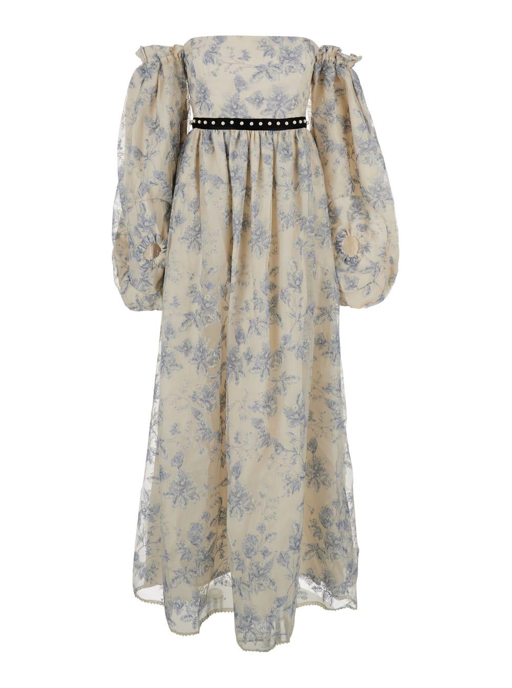 'alheli' multicolor long dress with bardot neckline and all-over printed floral motif in linen woman