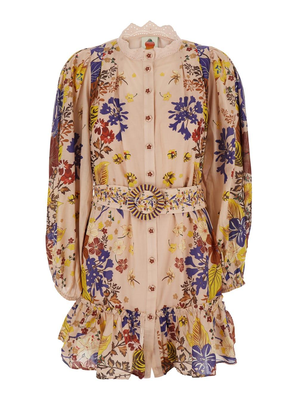 'beauty bouquet' multicolor mini dress with lace collar and all-over floral print in cotton woman