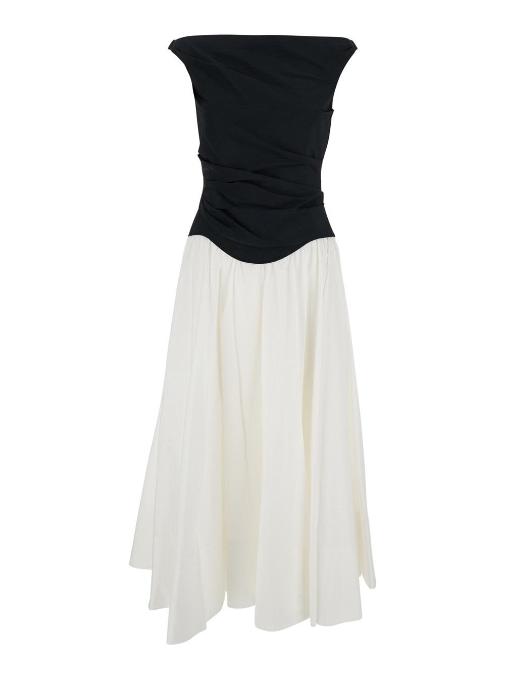 'cersei' black and white off-shoulder midi dress with flared skirt in cotton blend woman