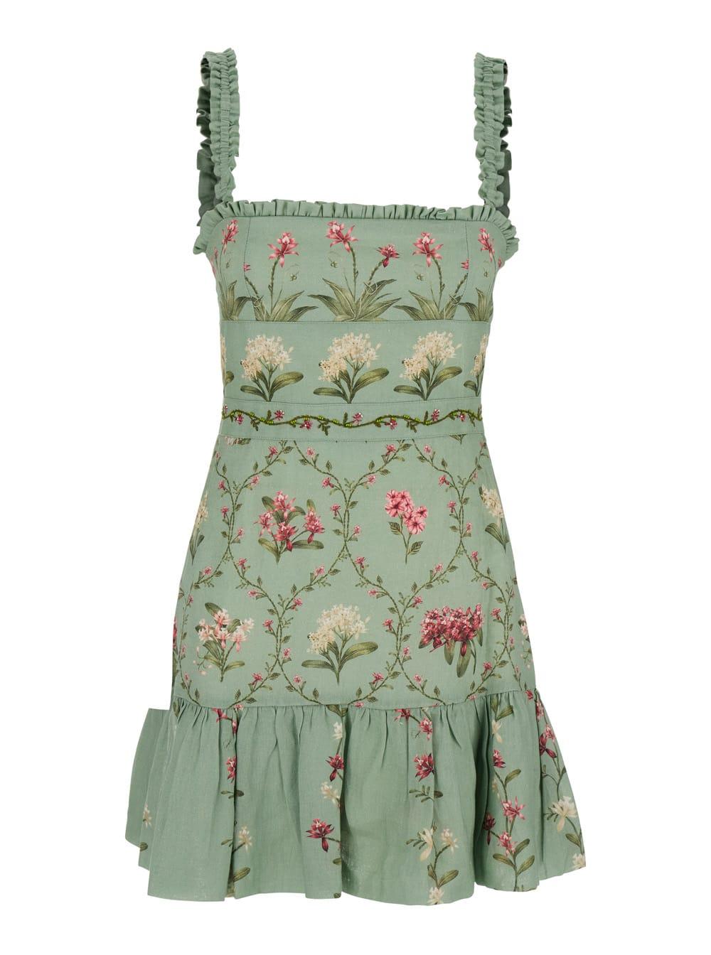 'nieve' green long dress with all-over floral print in linen woman