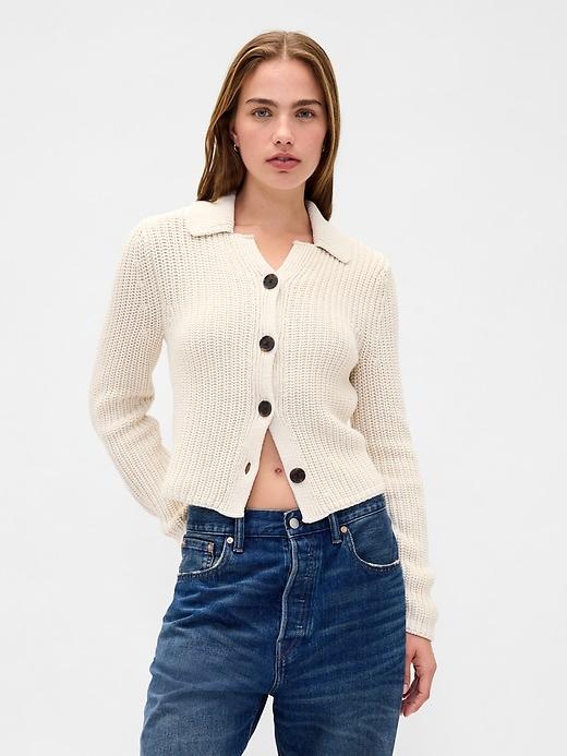 100% cotton collared crop cardigan sweater