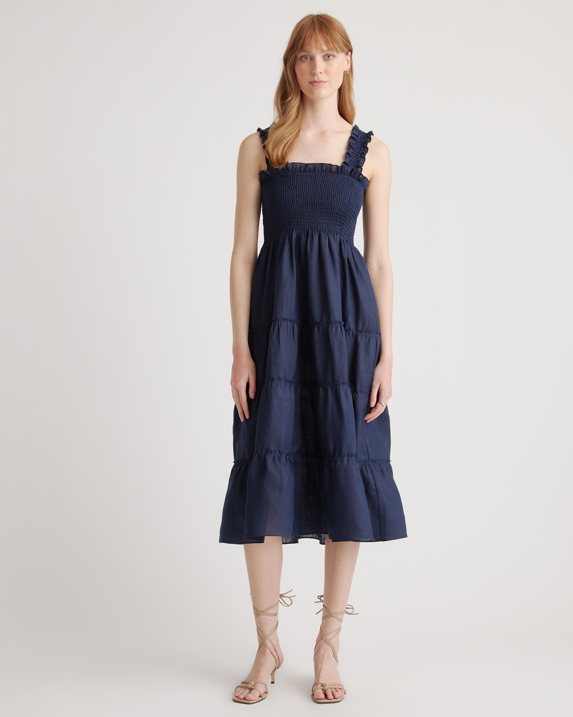 100% european linen smocked midi dress