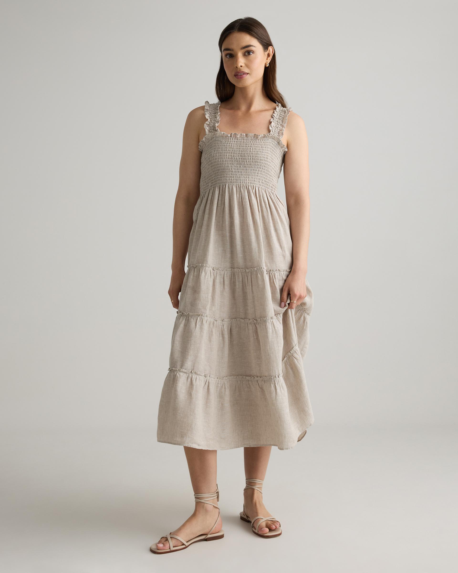 100% european linen smocked midi dress