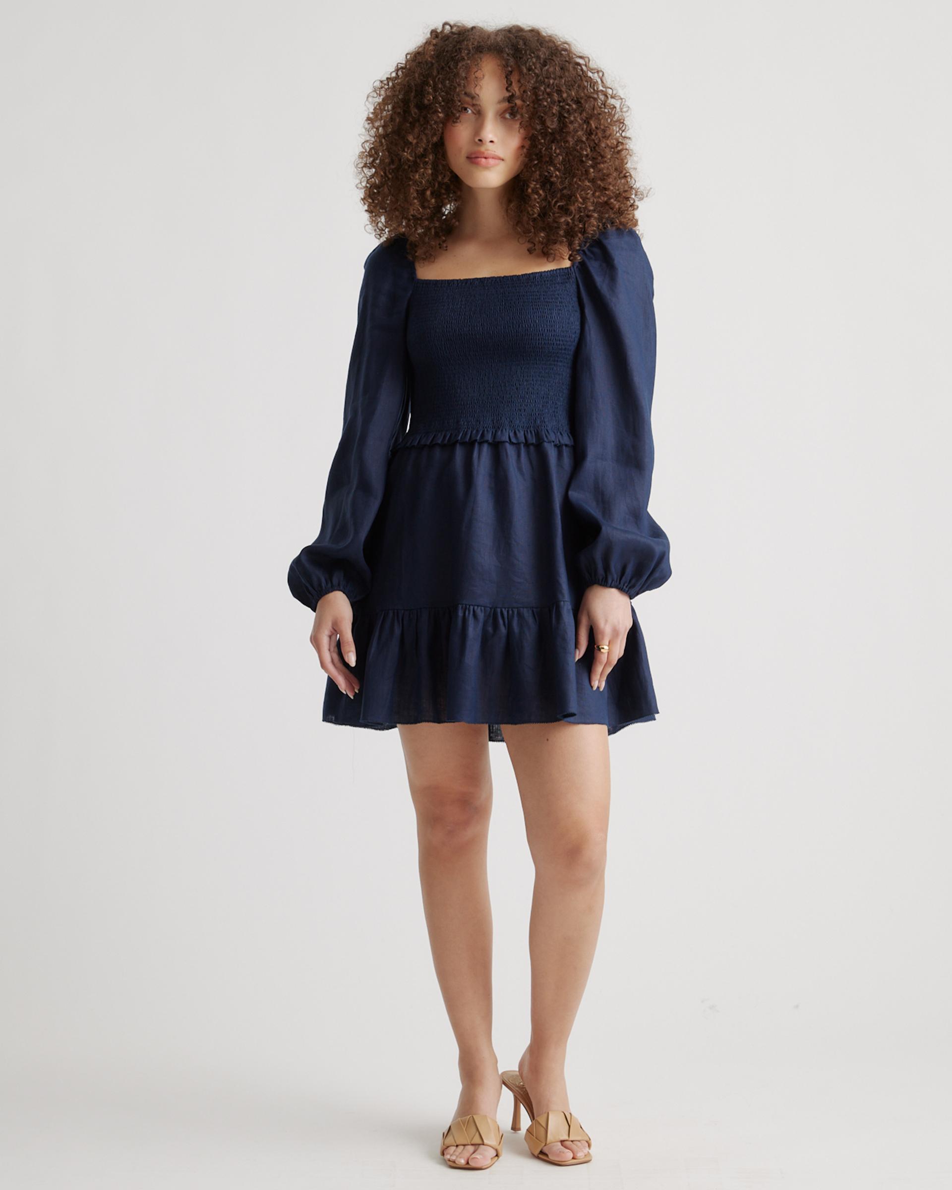 100% european linen smocked mini dress