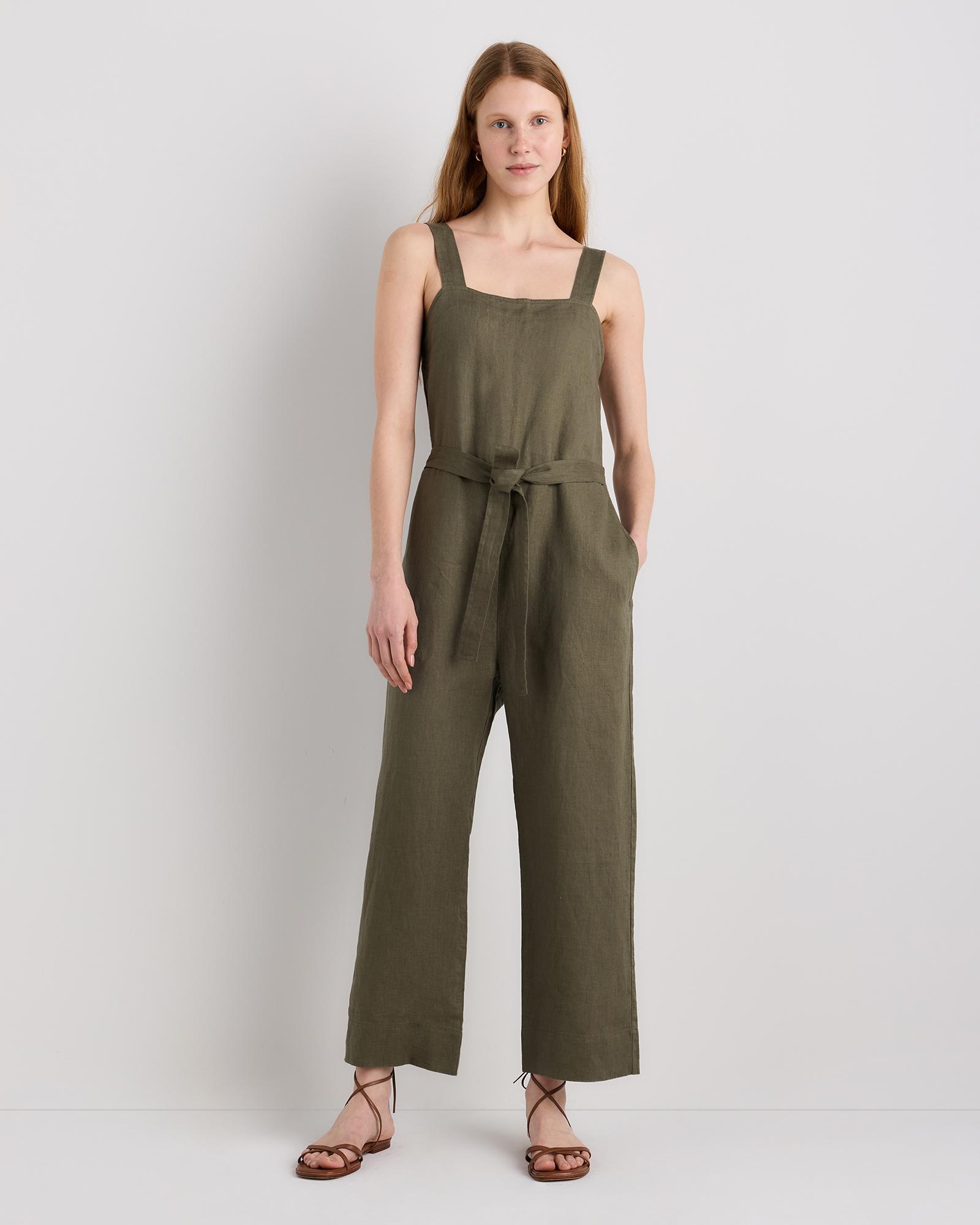 100% european linen square neck jumpsuit