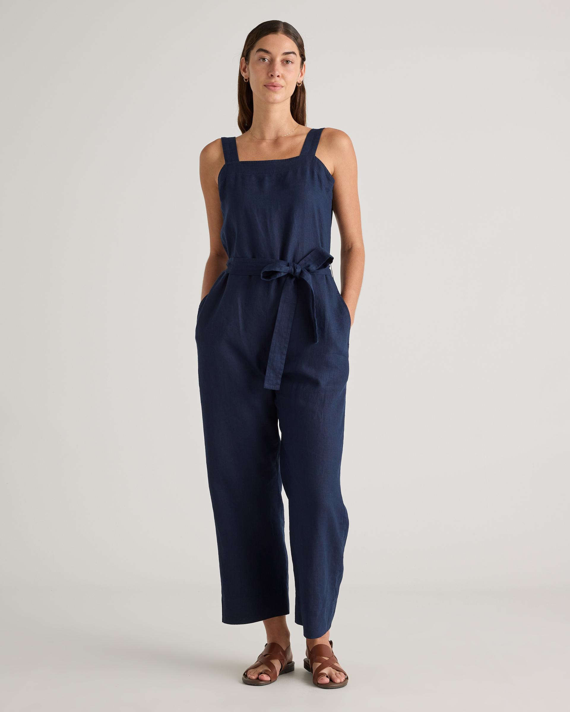 100% european linen square neck jumpsuit