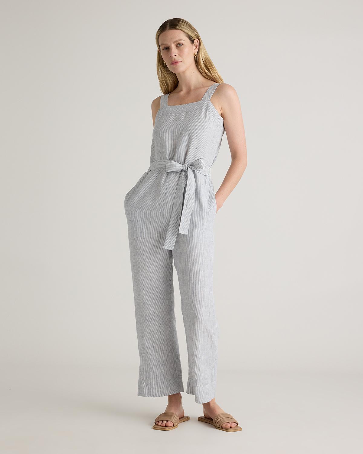 100% european linen square neck jumpsuit