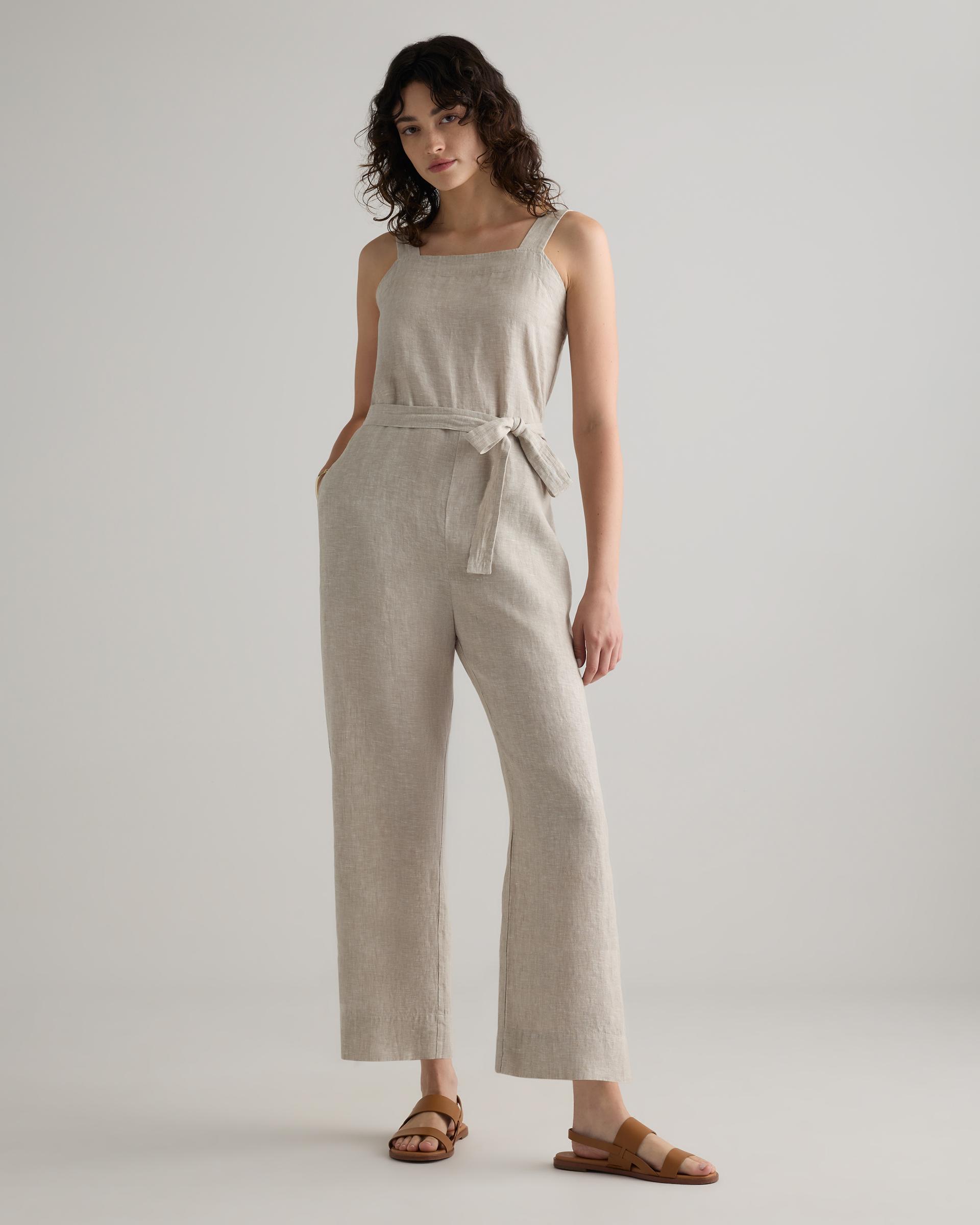100% european linen square neck jumpsuit