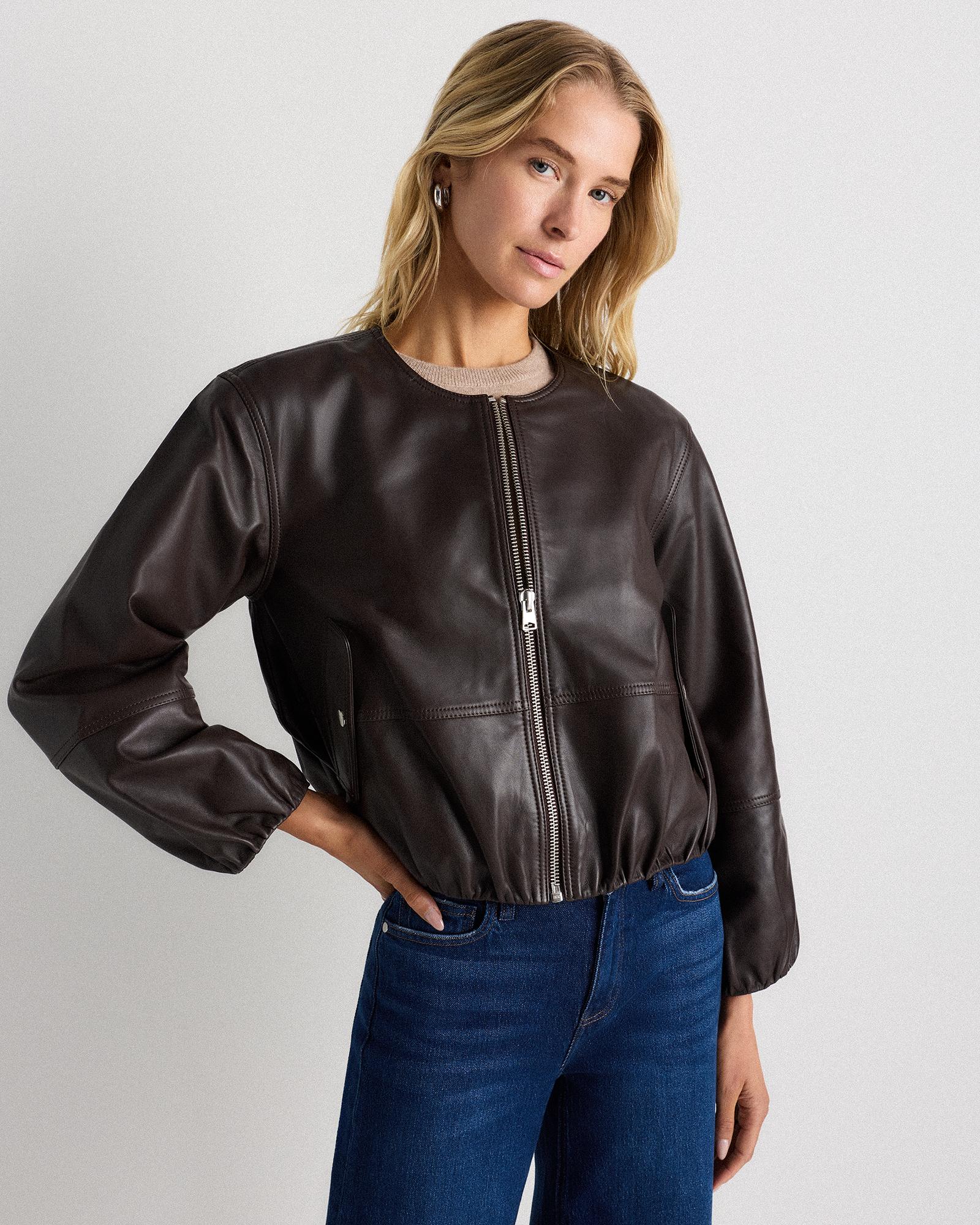 100% leather collarless cropped jacket