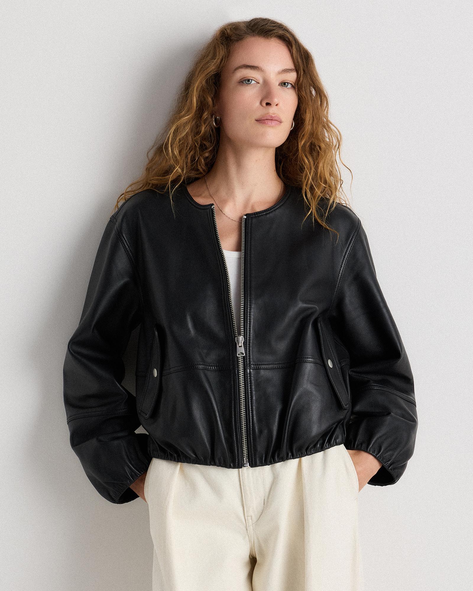 100% leather collarless cropped jacket