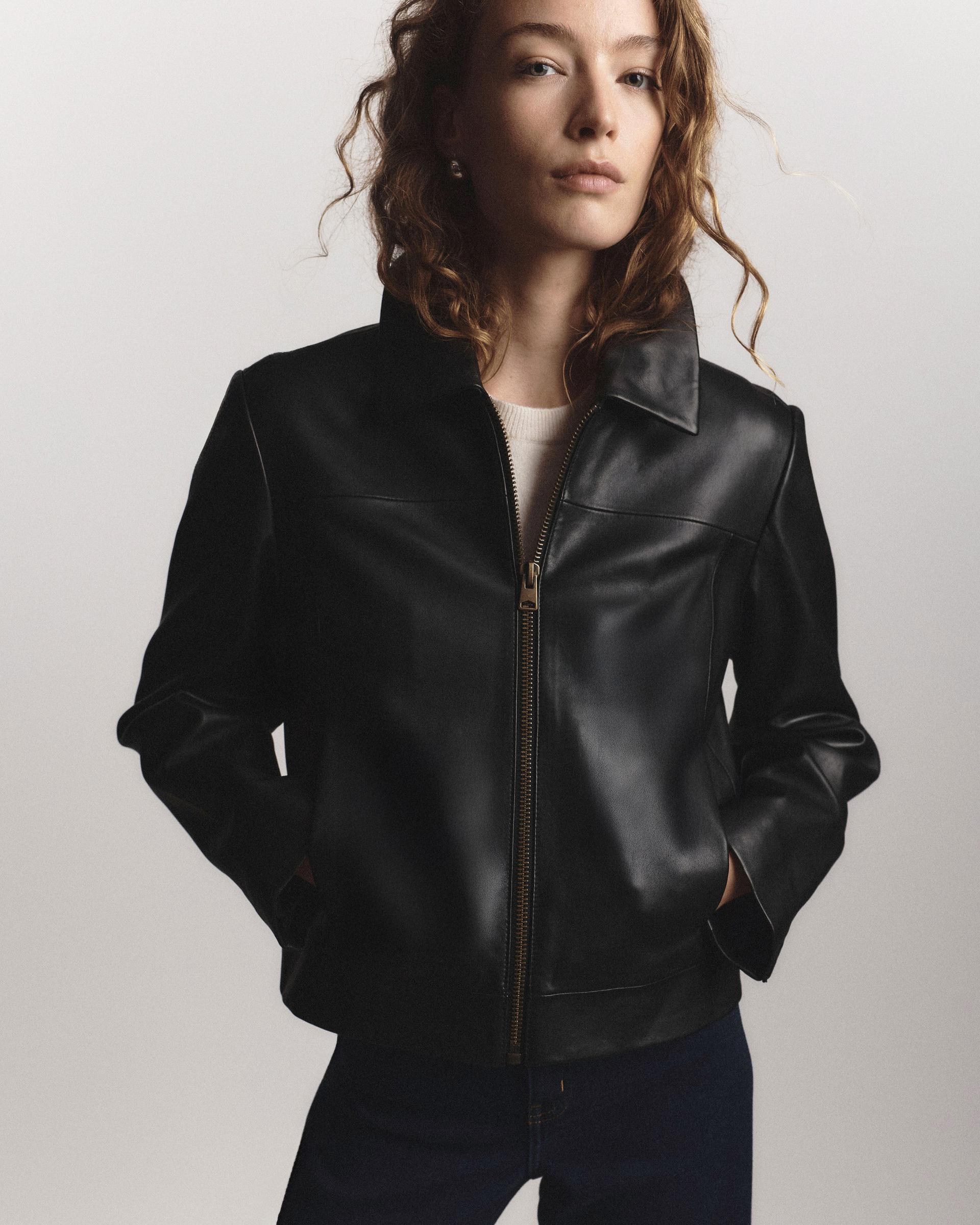 100% leather cropped zip-front jacket
