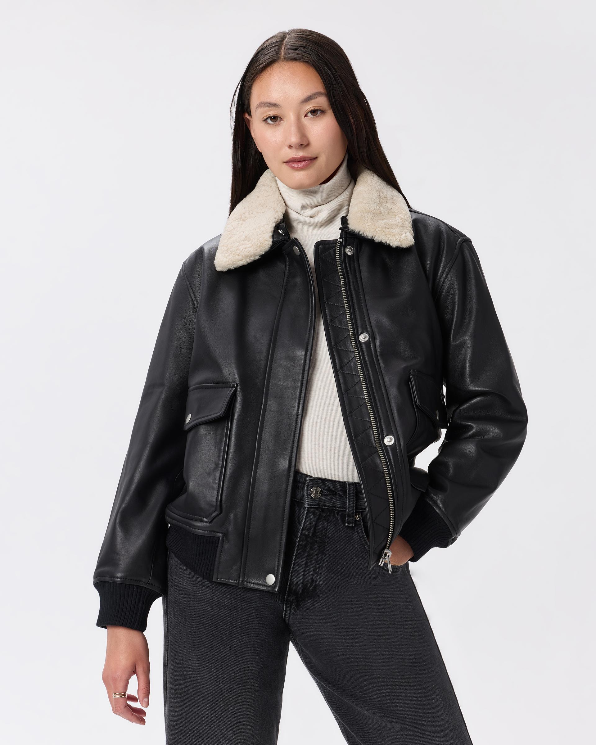 100% leather shearling trim aviator jacket