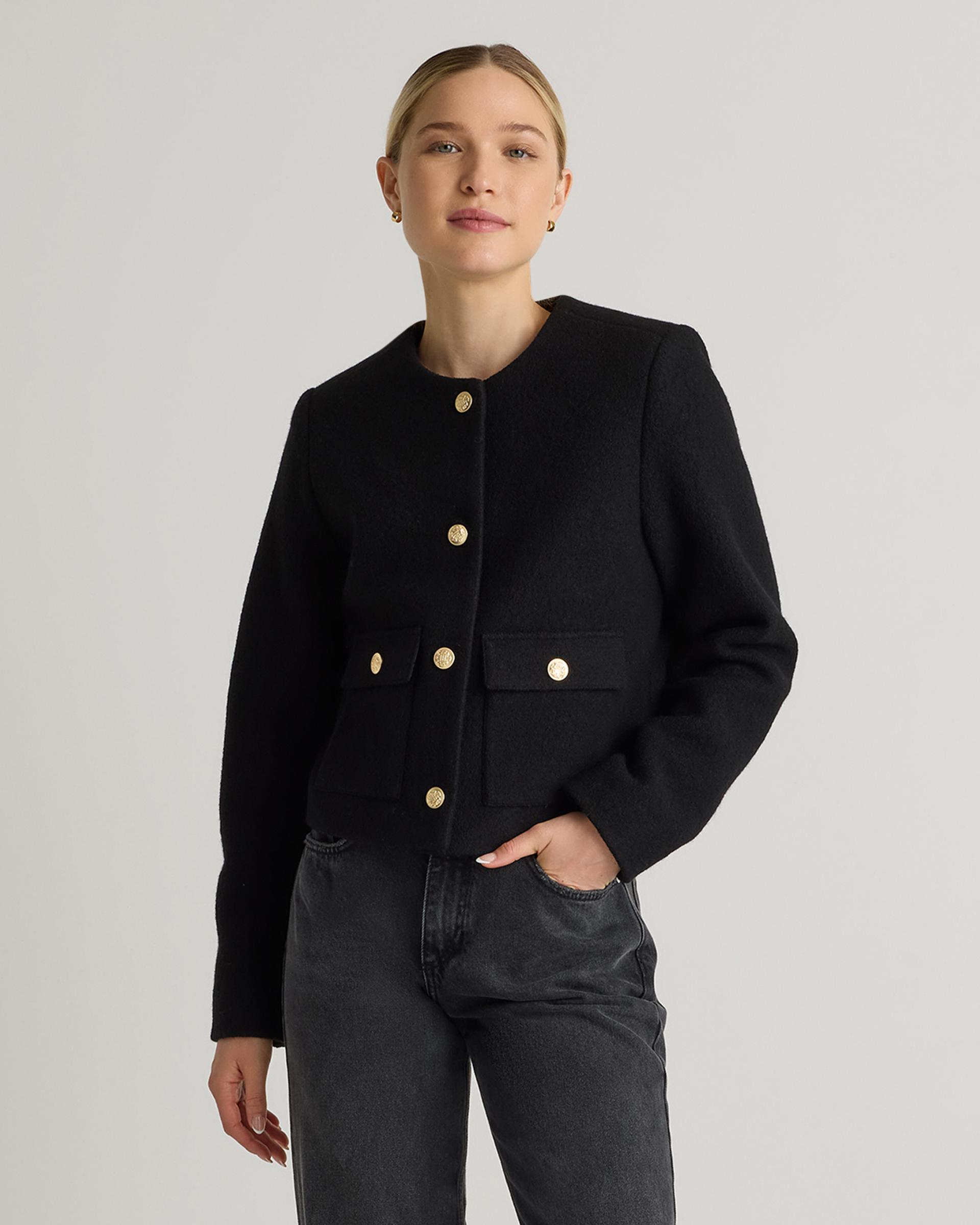 100% merino wool collarless cropped jacket