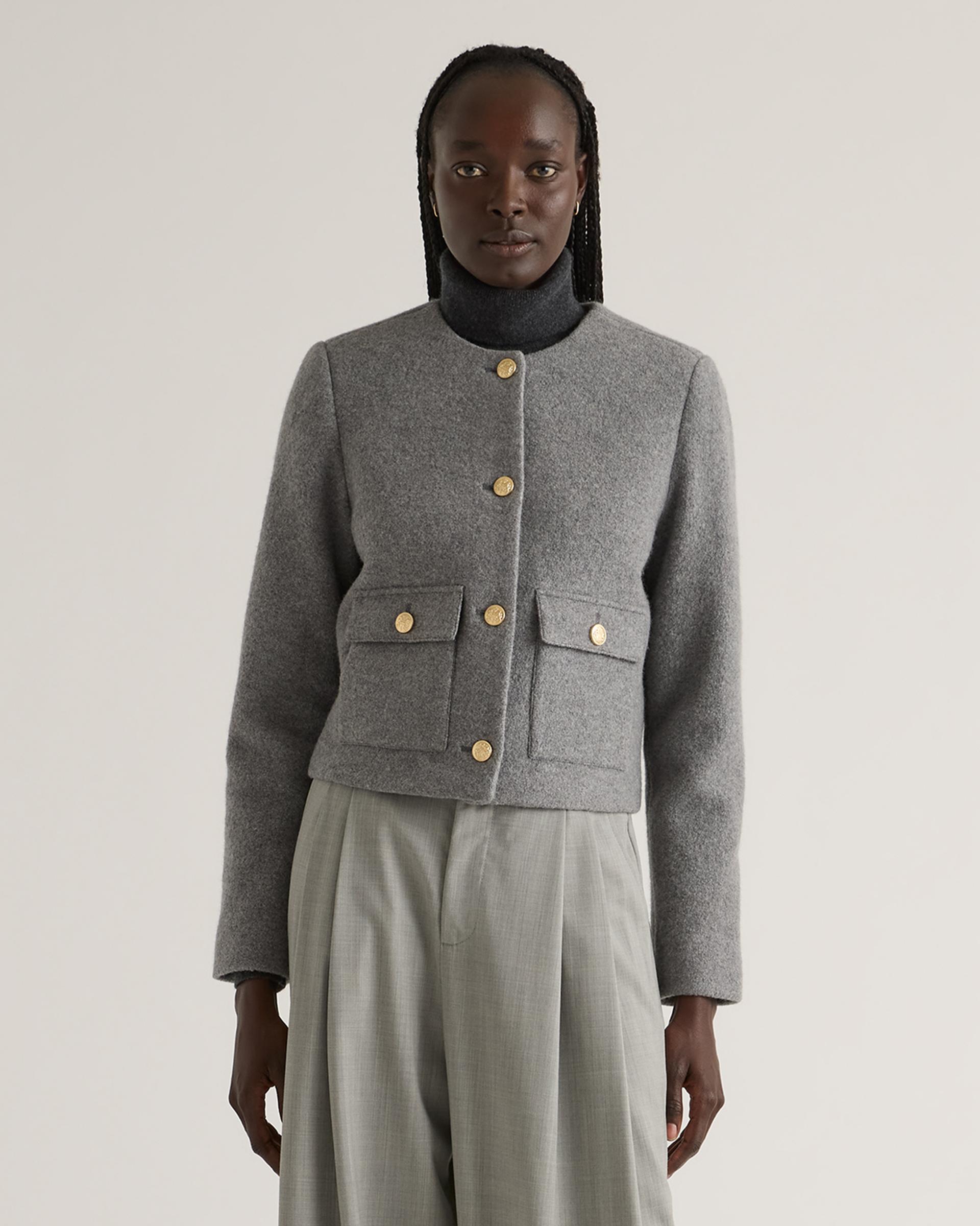 100% merino wool collarless cropped jacket