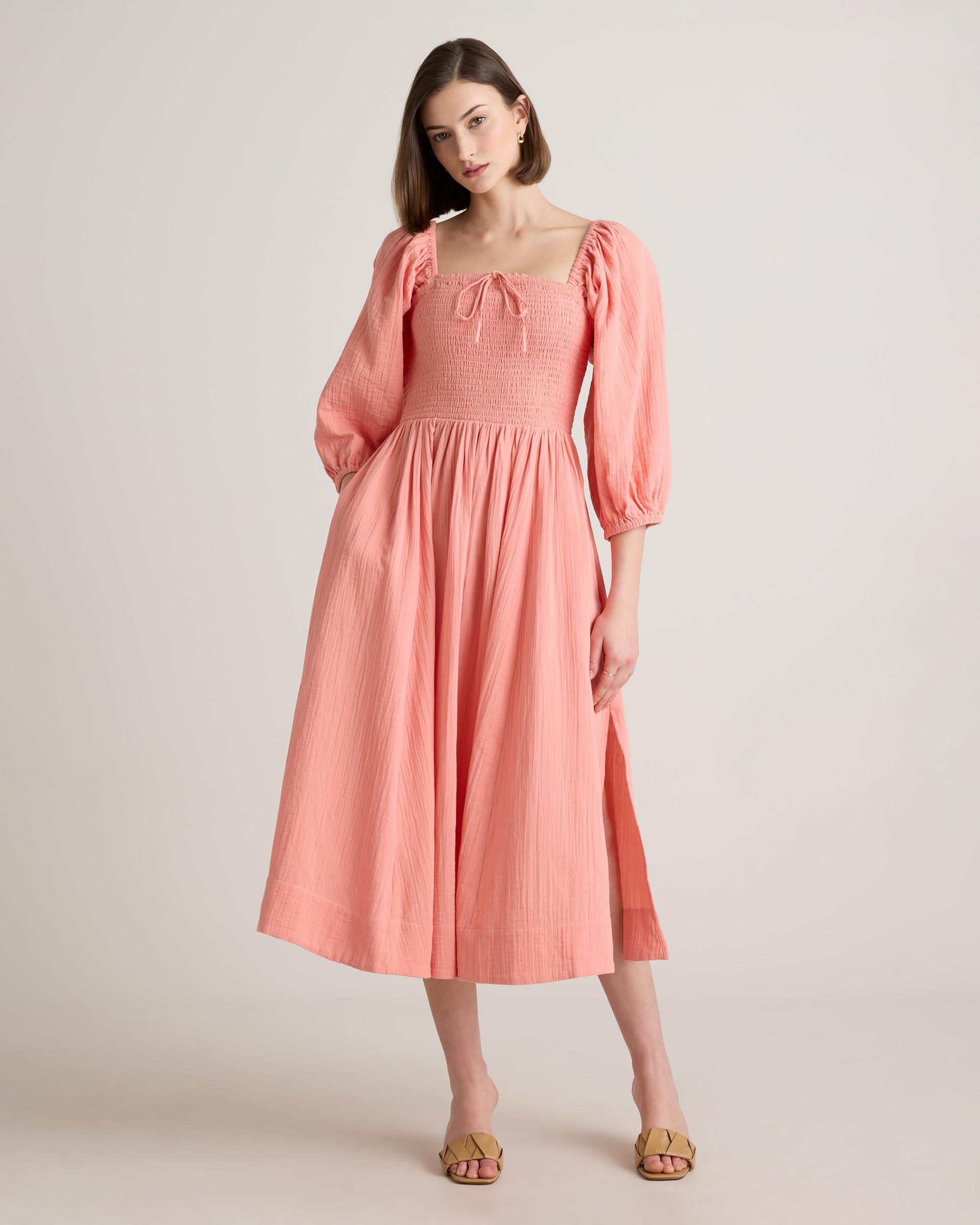 100% organic cotton gauze smocked square neck midi dress