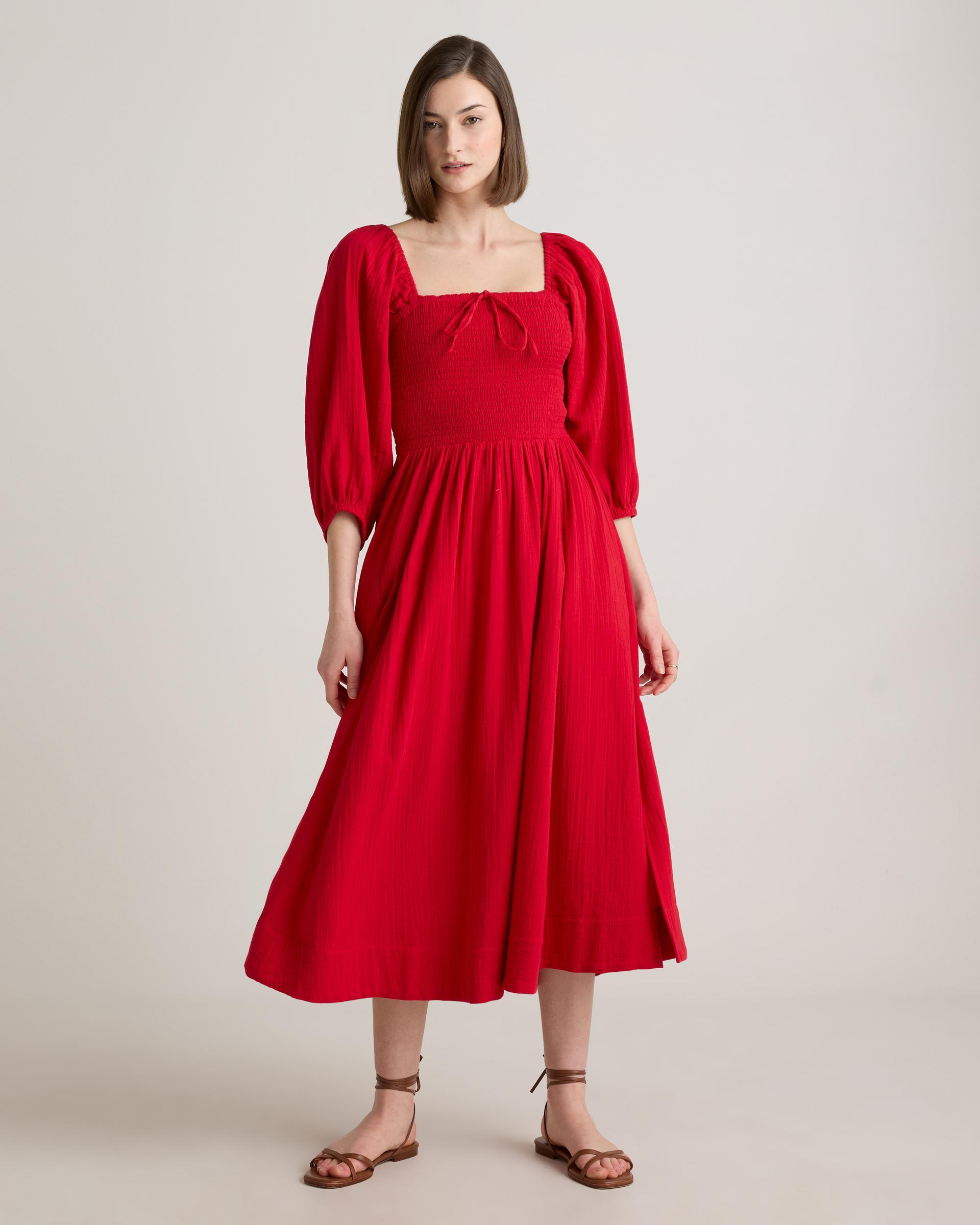 100% organic cotton gauze smocked square neck midi dress