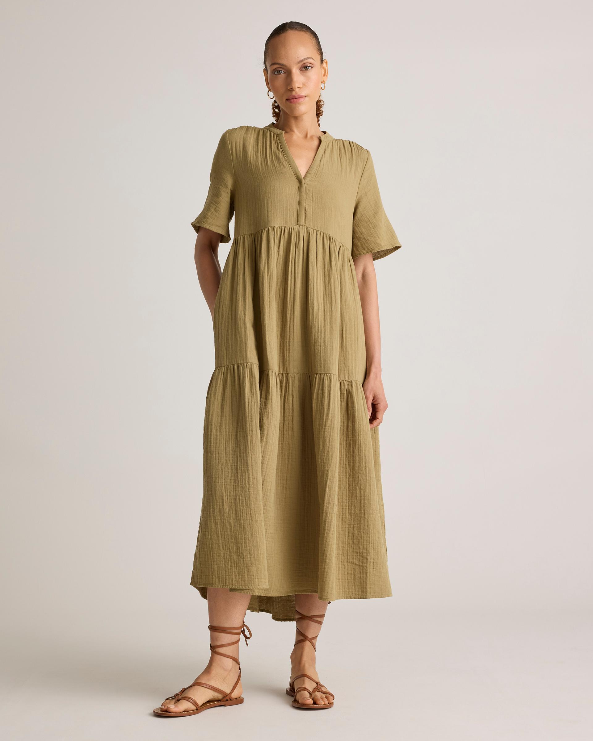100% organic cotton gauze split neck midi dress