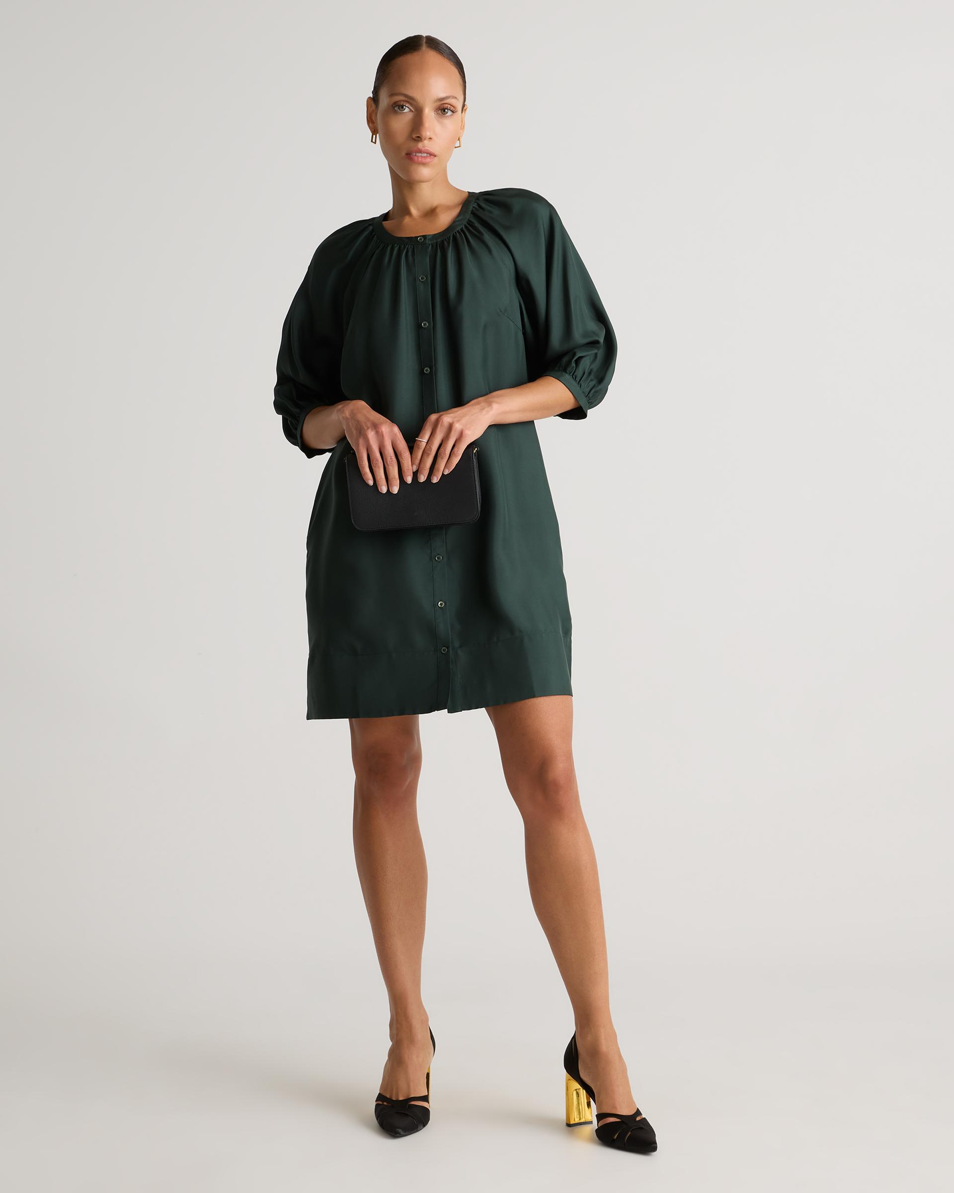 100% silk twill button front mini dress