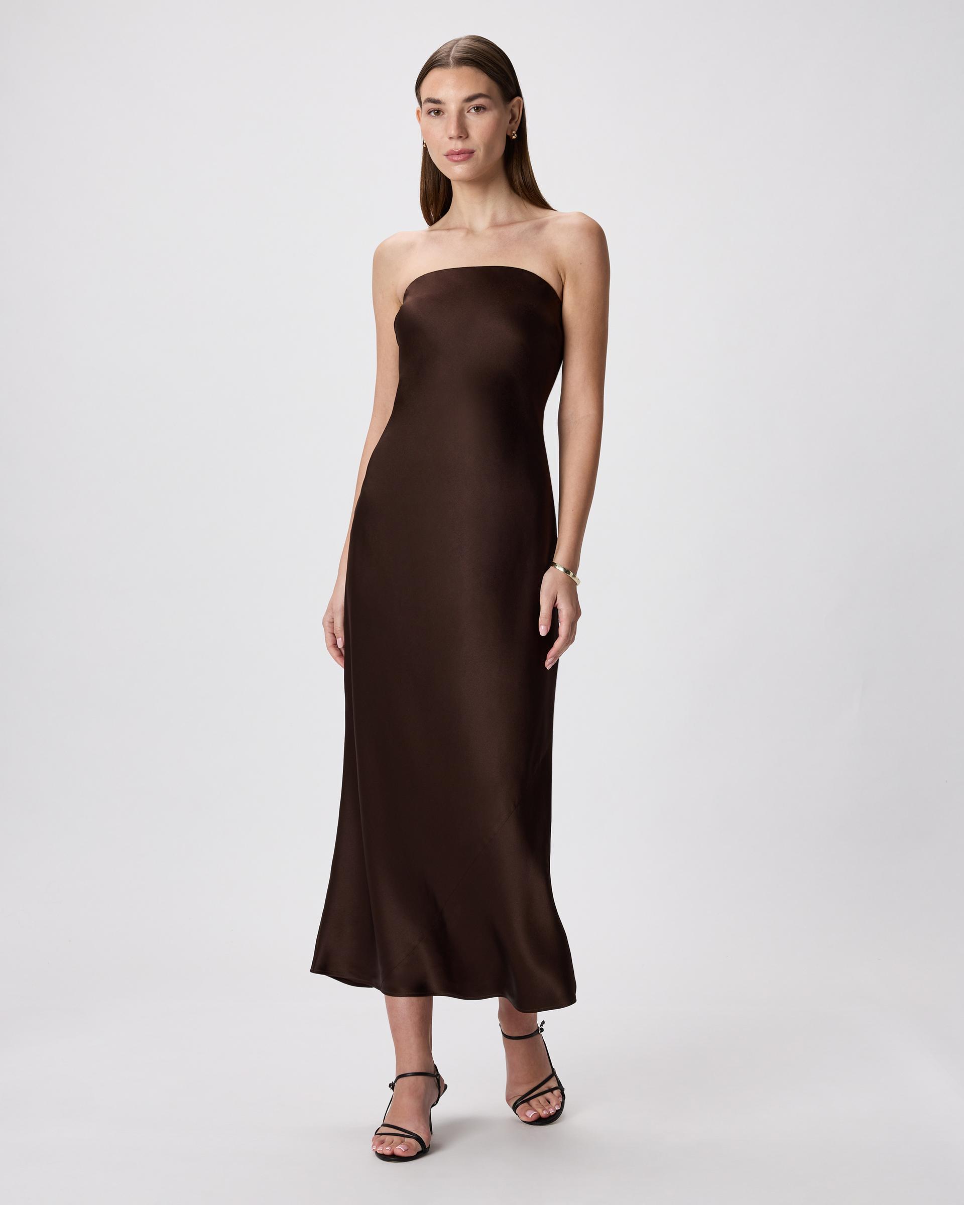 100% washable silk strapless midi dress