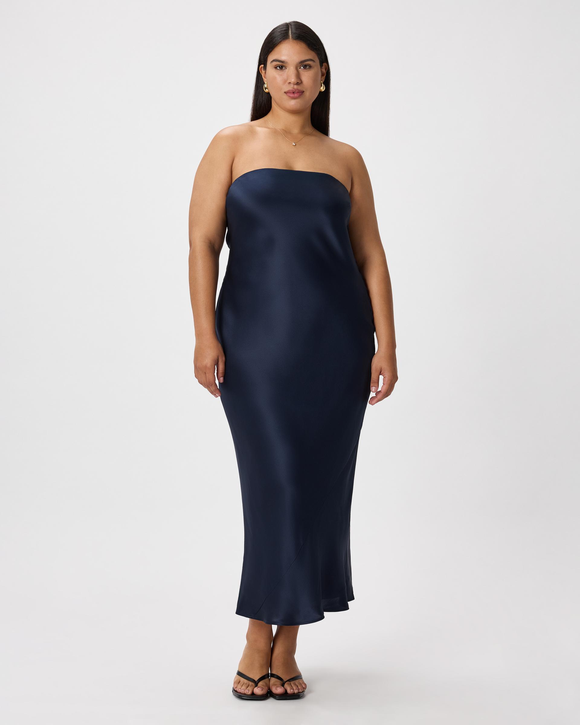 100% washable silk strapless midi dress