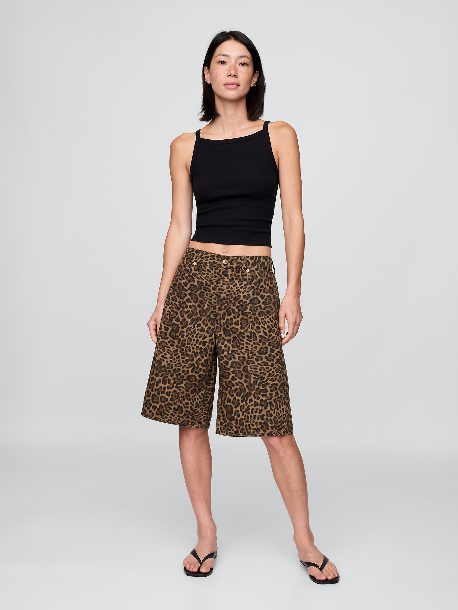 11" mid rise denim leopard longline shorts