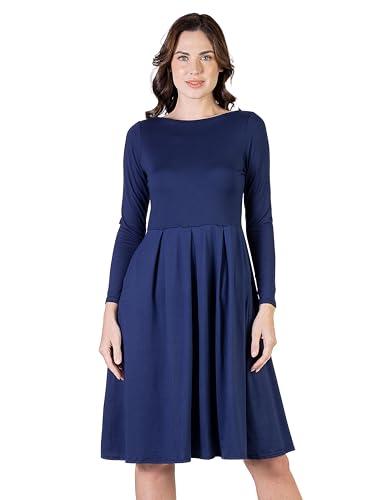 24seven comfort apparel womens long sleeve pleated fit n flare dress with pockets -small-1x navy