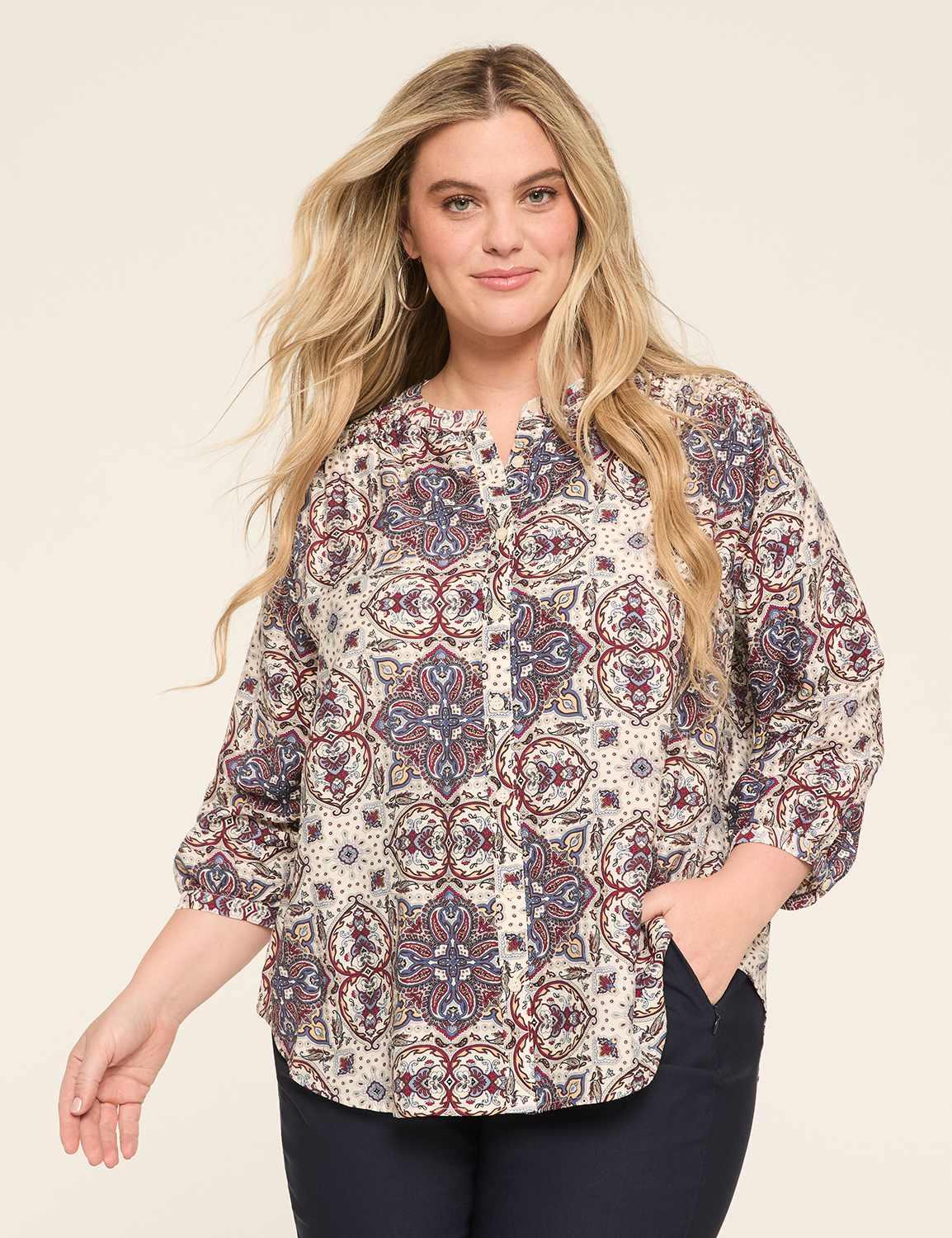 3/4-sleeve crew-neck button-front top