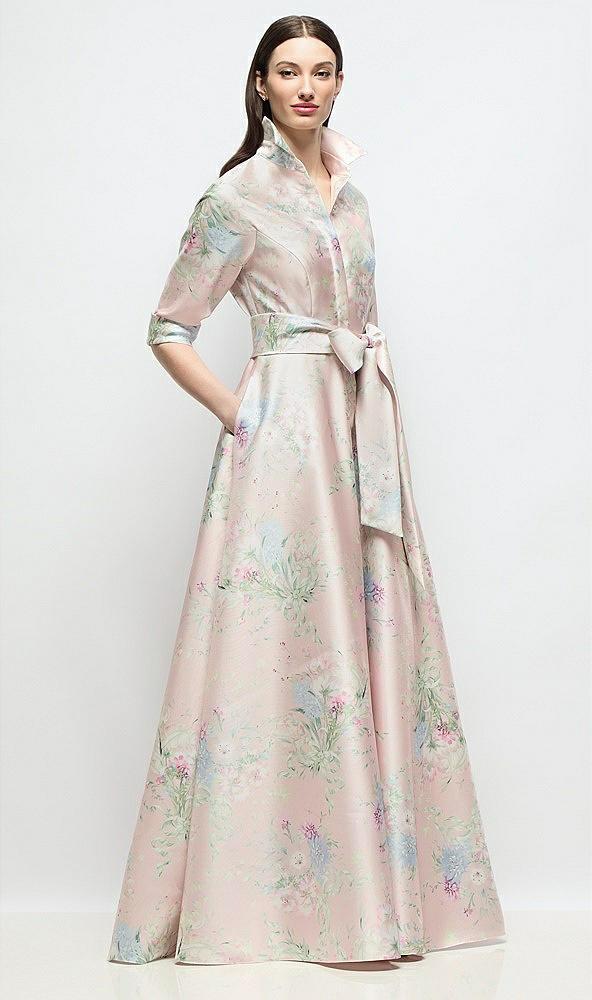 3/4 sleeve esme floral satin shirt dress gown with sash & jeweled buttons