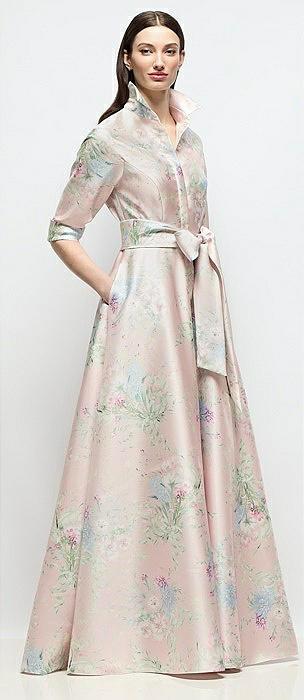3/4 sleeve esme floral satin shirt dress gown with sash & jeweled buttons
