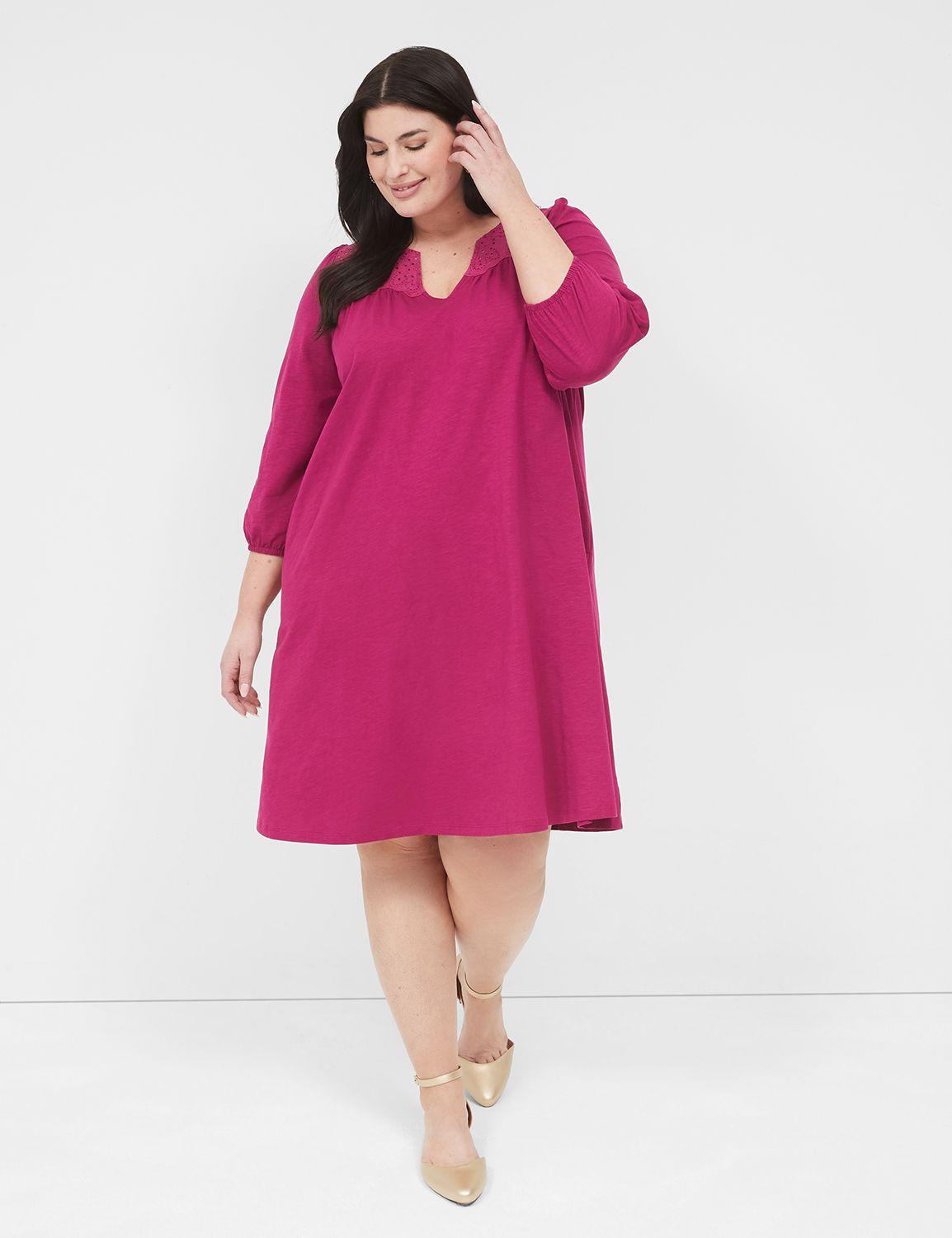 3/4-sleeve eyelet-detail swing dress
