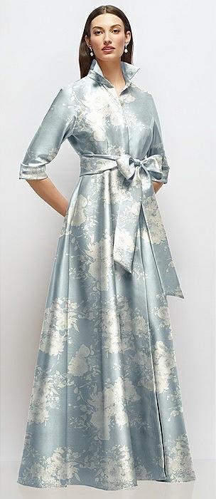 3/4 sleeve floral satin shirt dress gown with sash and jeweled buttons