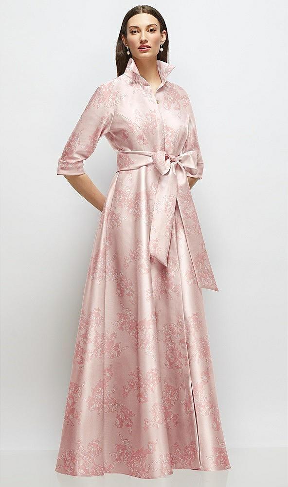 3/4 sleeve floral satin shirt dress gown with sash and jeweled buttons