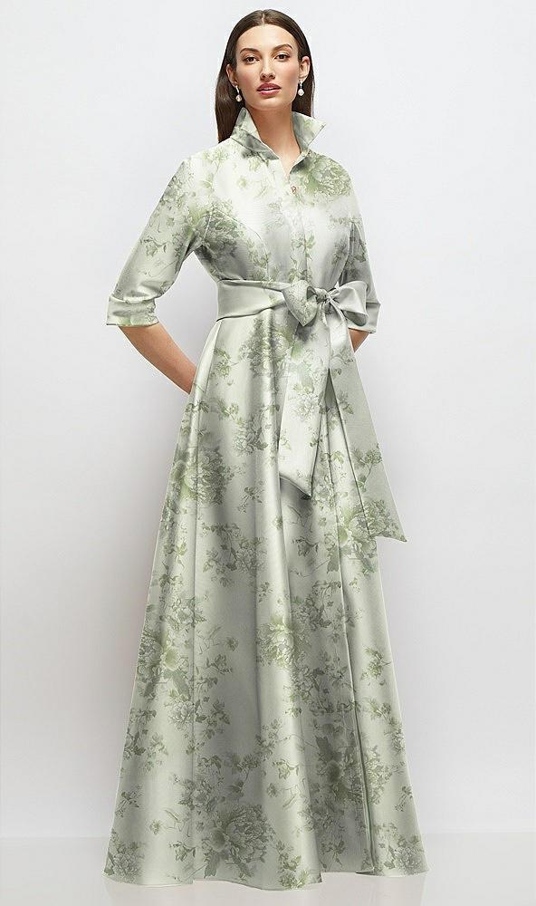 3/4 sleeve floral satin shirt dress gown with sash and jeweled buttons