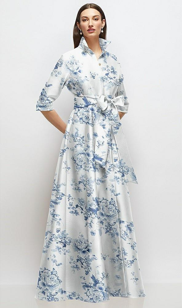 3/4 sleeve floral satin shirt dress gown with sash and jeweled buttons