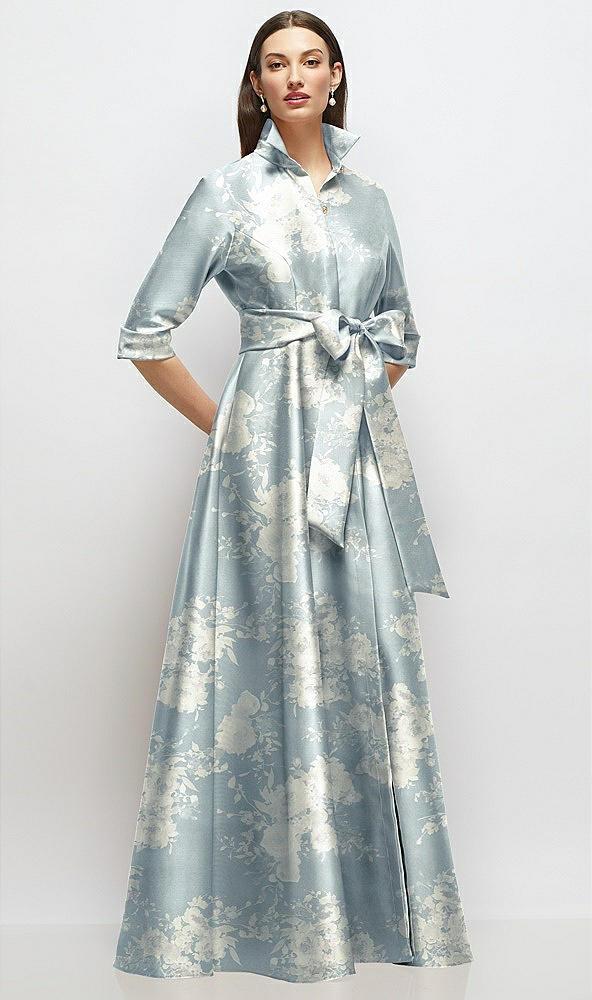 3/4 sleeve floral satin shirt dress gown with sash and jeweled buttons