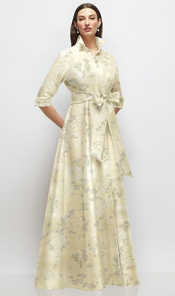 3/4 sleeve floral satin shirt dress gown with sash and jeweled buttons