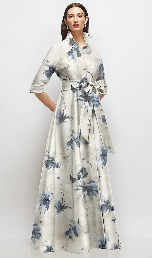 3/4 sleeve floral satin shirt dress gown with sash and jeweled buttons