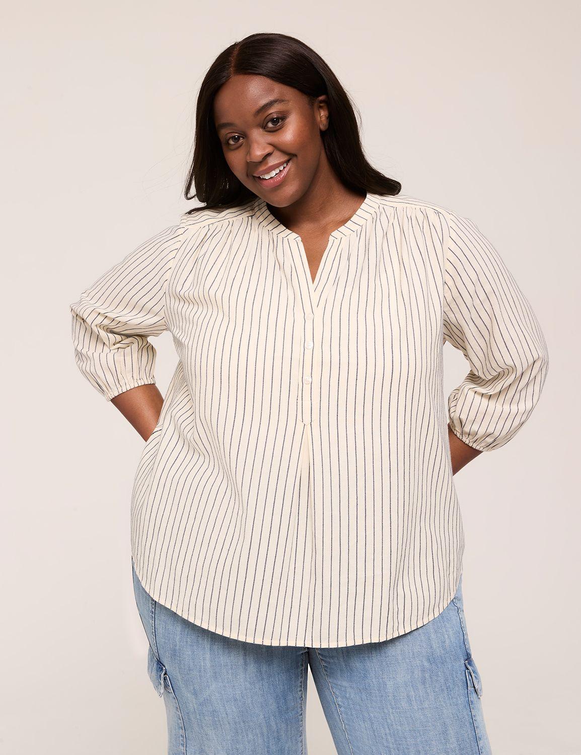 3/4-sleeve half-placket textured blouse