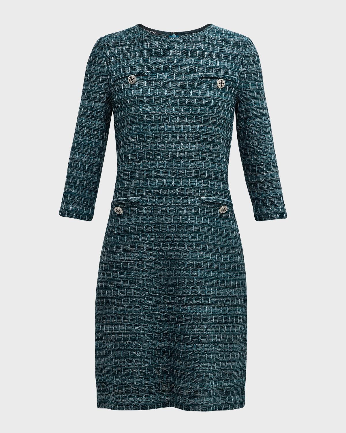 3/4-sleeve metallic tweed knit midi dress