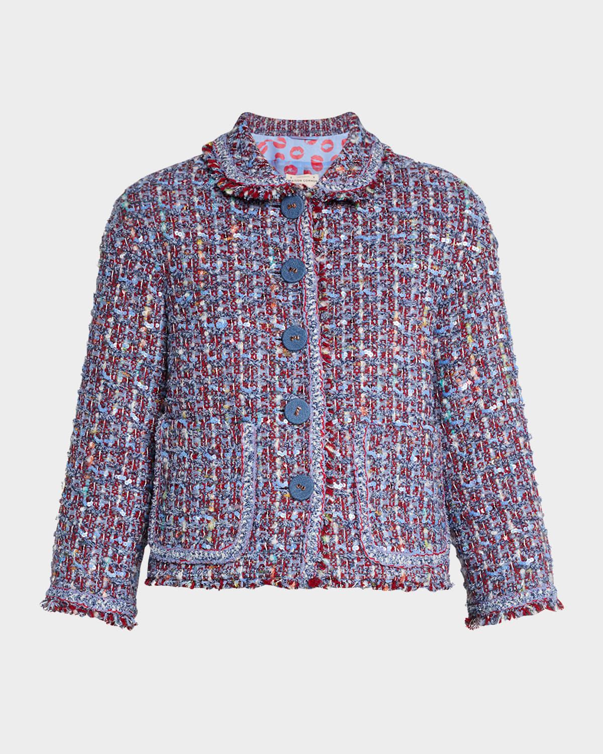 3/4-sleeve paillette multi tweed caban jacket