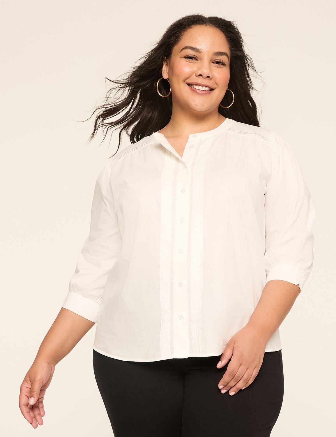 3/4-sleeve pintuck button-down blouse