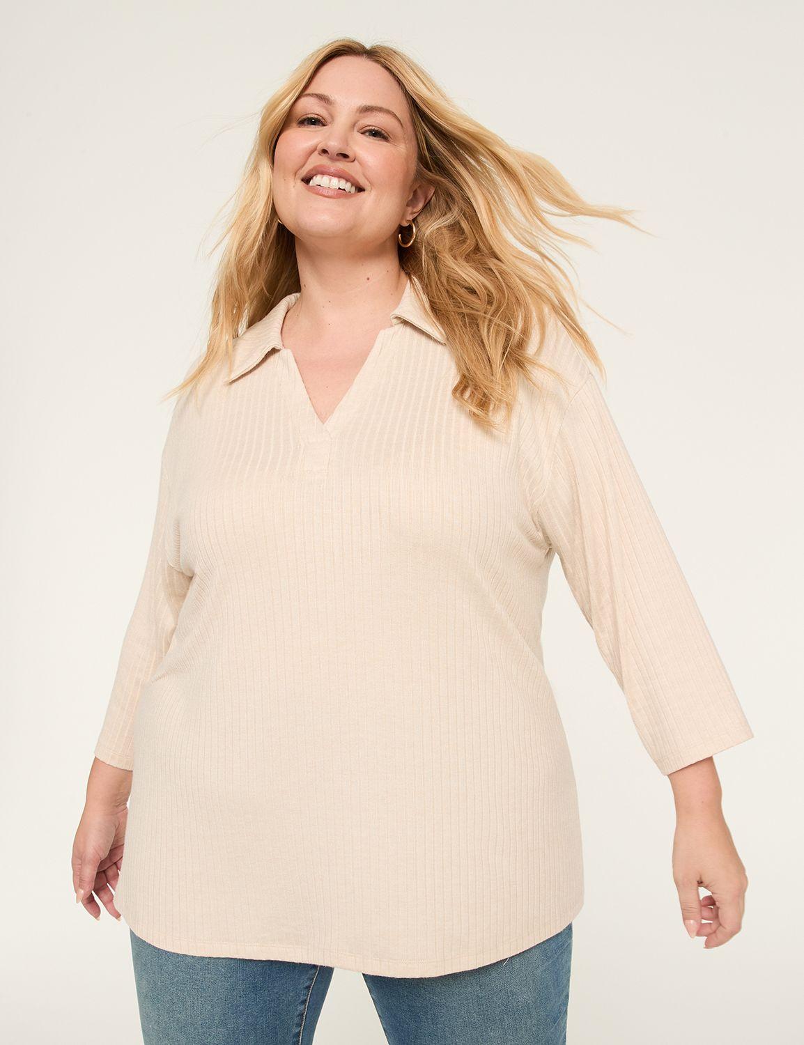 3/4-sleeve ribbed knit polo top