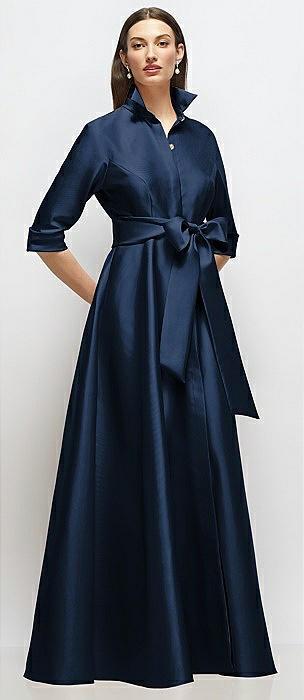 3/4 sleeve satin shirt dress gown with sash and jeweled buttons