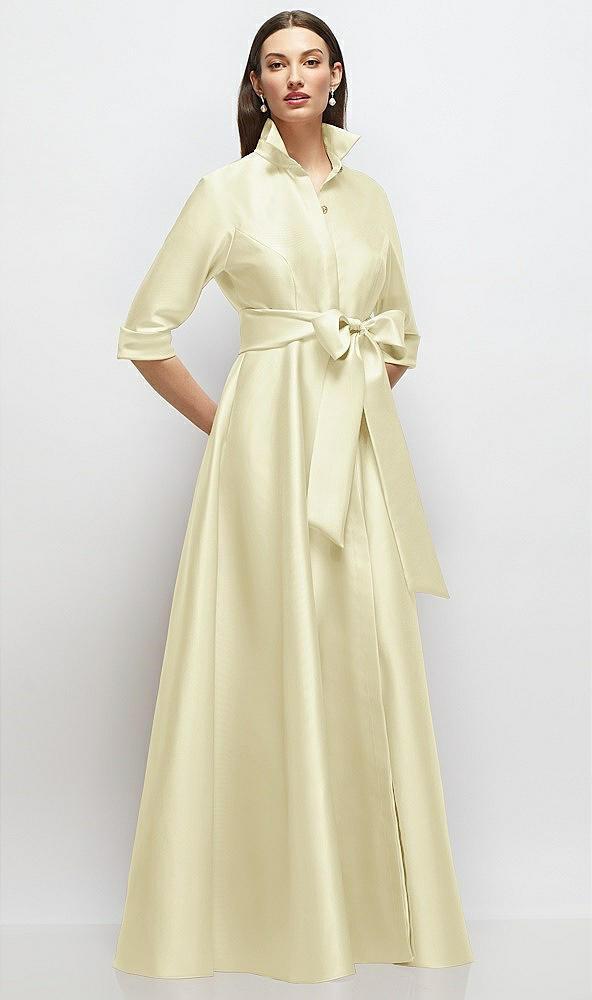 3/4 sleeve satin shirt dress gown with sash and jeweled buttons