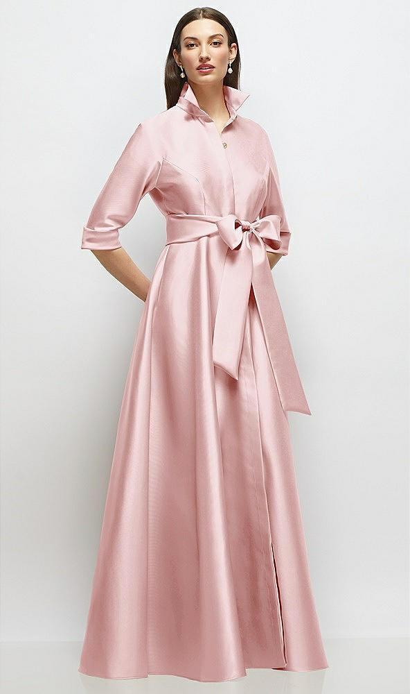 3/4 sleeve satin shirt dress gown with sash and jeweled buttons