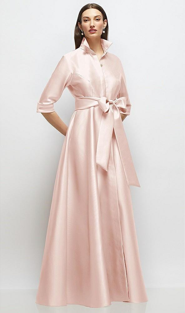 3/4 sleeve satin shirt dress gown with sash and jeweled buttons
