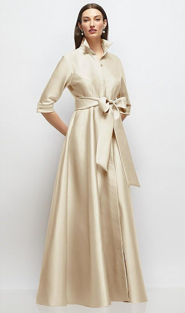3/4 sleeve satin shirt dress gown with sash and jeweled buttons