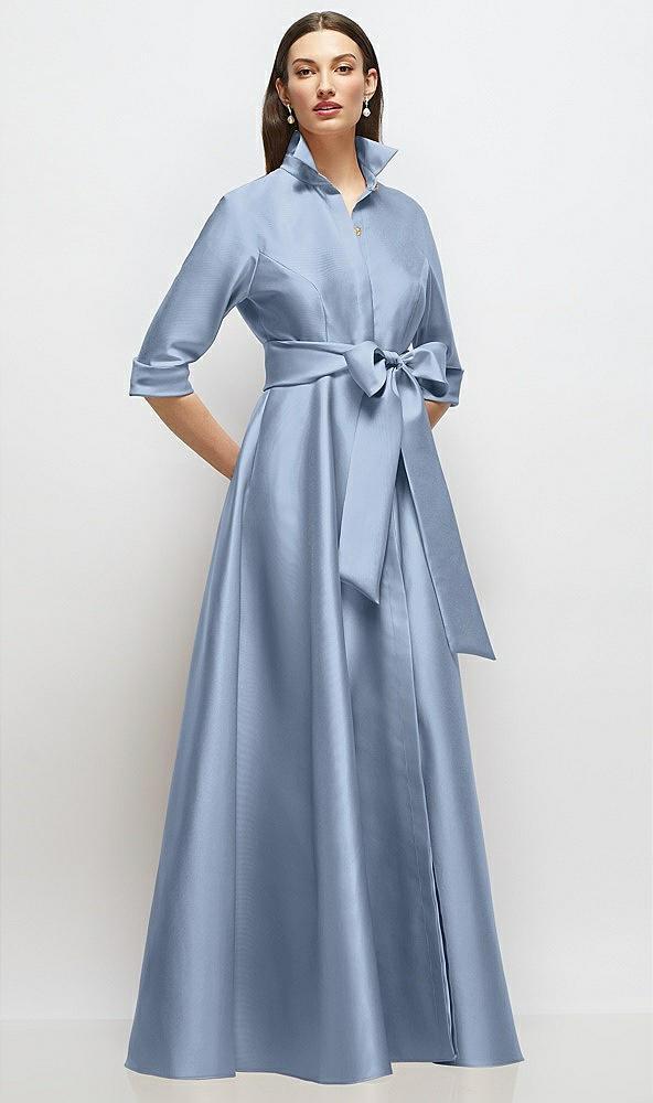 3/4 sleeve satin shirt dress gown with sash and jeweled buttons