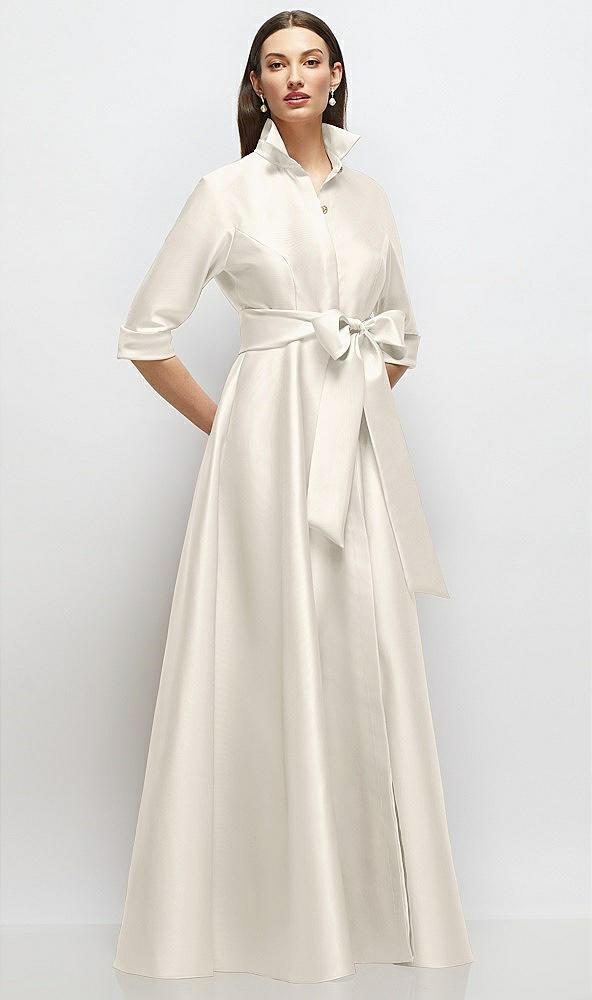 3/4 sleeve satin shirt dress gown with sash and jeweled buttons