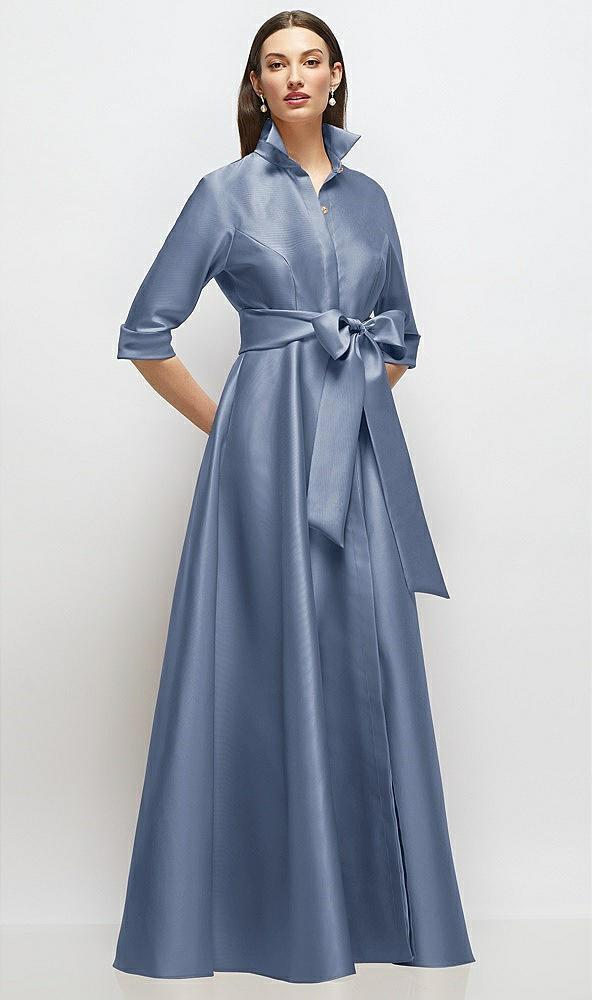 3/4 sleeve satin shirt dress gown with sash and jeweled buttons